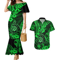 Hawaii Shaka Sign Couples Matching Mermaid Dress and Hawaiian Shirt With Polynesian Hibiscus Green Unique - Wonder Print Shop