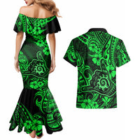 Hawaii Shaka Sign Couples Matching Mermaid Dress and Hawaiian Shirt With Polynesian Hibiscus Green Unique - Wonder Print Shop