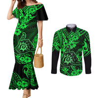 hawaii-shaka-sign-couples-matching-mermaid-dress-and-long-sleeve-button-shirts-with-polynesian-hibiscus-green-unique