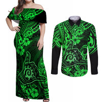 Hawaii Shaka Sign Couples Matching Off Shoulder Maxi Dress and Long Sleeve Button Shirts With Polynesian Hibiscus Green Unique - Wonder Print Shop