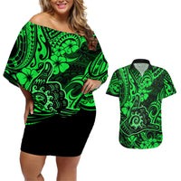 Hawaii Shaka Sign Couples Matching Off Shoulder Short Dress and Hawaiian Shirt With Polynesian Hibiscus Green Unique - Wonder Print Shop