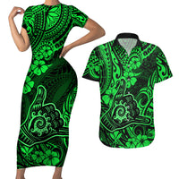 Hawaii Shaka Sign Couples Matching Short Sleeve Bodycon Dress and Hawaiian Shirt With Polynesian Hibiscus Green Unique - Wonder Print Shop