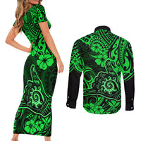 Hawaii Shaka Sign Couples Matching Short Sleeve Bodycon Dress and Long Sleeve Button Shirts With Polynesian Hibiscus Green Unique - Wonder Print Shop