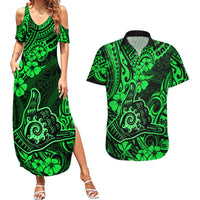 Hawaii Shaka Sign Couples Matching Summer Maxi Dress and Hawaiian Shirt With Polynesian Hibiscus Green Unique - Wonder Print Shop