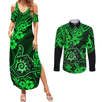 Hawaii Shaka Sign Couples Matching Summer Maxi Dress and Long Sleeve Button Shirts With Polynesian Hibiscus Green Unique - Wonder Print Shop