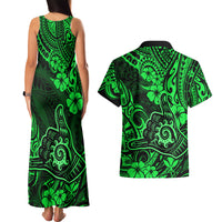 Hawaii Shaka Sign Couples Matching Tank Maxi Dress and Hawaiian Shirt With Polynesian Hibiscus Green Unique - Wonder Print Shop