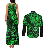 Hawaii Shaka Sign Couples Matching Tank Maxi Dress and Long Sleeve Button Shirts With Polynesian Hibiscus Green Unique - Wonder Print Shop
