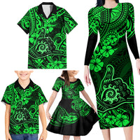 Hawaii Shaka Sign Family Matching Long Sleeve Bodycon Dress and Hawaiian Shirt With Polynesian Hibiscus Green Unique - Wonder Print Shop