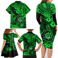 Hawaii Shaka Sign Family Matching Long Sleeve Bodycon Dress and Hawaiian Shirt With Polynesian Hibiscus Green Unique - Wonder Print Shop