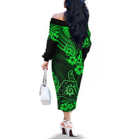 Hawaii Shaka Sign Family Matching Off Shoulder Long Sleeve Dress and Hawaiian Shirt With Polynesian Hibiscus Green Unique - Wonder Print Shop