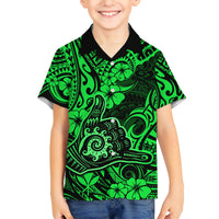 Hawaii Shaka Sign Family Matching Off Shoulder Long Sleeve Dress and Hawaiian Shirt With Polynesian Hibiscus Green Unique - Wonder Print Shop
