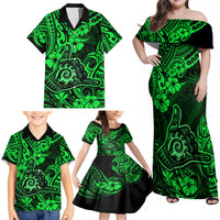 Hawaii Shaka Sign Family Matching Off Shoulder Maxi Dress and Hawaiian Shirt With Polynesian Hibiscus Green Unique - Wonder Print Shop