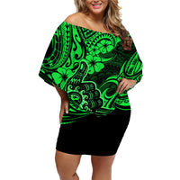 Hawaii Shaka Sign Family Matching Off Shoulder Short Dress and Hawaiian Shirt With Polynesian Hibiscus Green Unique - Wonder Print Shop