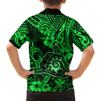 Hawaii Shaka Sign Family Matching Short Sleeve Bodycon Dress and Hawaiian Shirt With Polynesian Hibiscus Green Unique - Wonder Print Shop