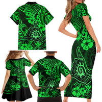 Hawaii Shaka Sign Family Matching Short Sleeve Bodycon Dress and Hawaiian Shirt With Polynesian Hibiscus Green Unique - Wonder Print Shop