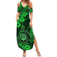 Hawaii Shaka Sign Family Matching Summer Maxi Dress and Hawaiian Shirt With Polynesian Hibiscus Green Unique - Wonder Print Shop