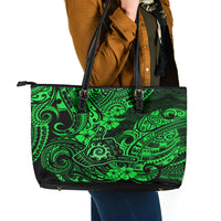 Hawaii Shaka Sign Leather Tote Bag With Polynesian Hibiscus Green Unique - Wonder Print Shop