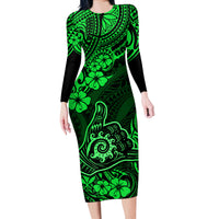 Hawaii Shaka Sign Long Sleeve Bodycon Dress With Polynesian Hibiscus Green Unique - Wonder Print Shop