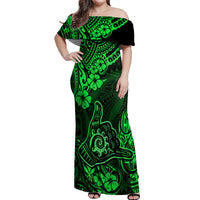 Hawaii Shaka Sign Off Shoulder Maxi Dress With Polynesian Hibiscus Green Unique - Wonder Print Shop