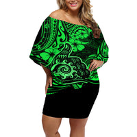 Hawaii Shaka Sign Off Shoulder Short Dress With Polynesian Hibiscus Green Unique - Wonder Print Shop