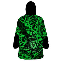 Hawaii Shaka Sign Wearable Blanket Hoodie With Polynesian Hibiscus Green Unique - Wonder Print Shop