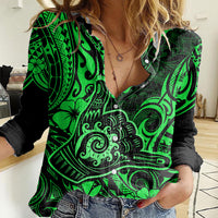Hawaii Shaka Sign Women Casual Shirt With Polynesian Hibiscus Green Unique - Wonder Print Shop