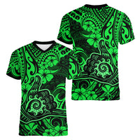 Hawaii Shaka Sign Women V Neck T Shirt With Polynesian Hibiscus Green Unique - Wonder Print Shop