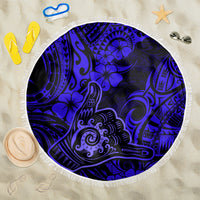 Hawaii Shaka Sign Beach Blanket With Polynesian Hibiscus Navy Blue Unique - Wonder Print Shop