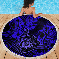 Hawaii Shaka Sign Beach Blanket With Polynesian Hibiscus Navy Blue Unique - Wonder Print Shop