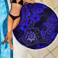 Hawaii Shaka Sign Beach Blanket With Polynesian Hibiscus Navy Blue Unique - Wonder Print Shop