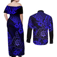 Hawaii Shaka Sign Couples Matching Off Shoulder Maxi Dress and Long Sleeve Button Shirts With Polynesian Hibiscus Navy Blue Unique - Wonder Print Shop