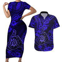 Hawaii Shaka Sign Couples Matching Short Sleeve Bodycon Dress and Hawaiian Shirt With Polynesian Hibiscus Navy Blue Unique - Wonder Print Shop