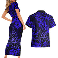 Hawaii Shaka Sign Couples Matching Short Sleeve Bodycon Dress and Hawaiian Shirt With Polynesian Hibiscus Navy Blue Unique - Wonder Print Shop