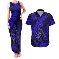 Hawaii Shaka Sign Couples Matching Tank Maxi Dress and Hawaiian Shirt With Polynesian Hibiscus Navy Blue Unique - Wonder Print Shop