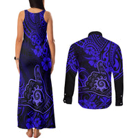 Hawaii Shaka Sign Couples Matching Tank Maxi Dress and Long Sleeve Button Shirts With Polynesian Hibiscus Navy Blue Unique - Wonder Print Shop