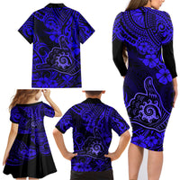 Hawaii Shaka Sign Family Matching Long Sleeve Bodycon Dress and Hawaiian Shirt With Polynesian Hibiscus Navy Blue Unique - Wonder Print Shop
