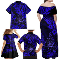 Hawaii Shaka Sign Family Matching Off Shoulder Maxi Dress and Hawaiian Shirt With Polynesian Hibiscus Navy Blue Unique - Wonder Print Shop