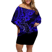 Hawaii Shaka Sign Family Matching Off Shoulder Short Dress and Hawaiian Shirt With Polynesian Hibiscus Navy Blue Unique - Wonder Print Shop