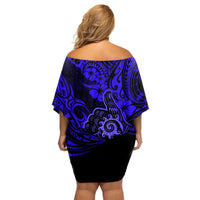 Hawaii Shaka Sign Family Matching Off Shoulder Short Dress and Hawaiian Shirt With Polynesian Hibiscus Navy Blue Unique - Wonder Print Shop