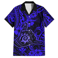 Hawaii Shaka Sign Family Matching Short Sleeve Bodycon Dress and Hawaiian Shirt With Polynesian Hibiscus Navy Blue Unique - Wonder Print Shop