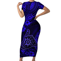 Hawaii Shaka Sign Family Matching Short Sleeve Bodycon Dress and Hawaiian Shirt With Polynesian Hibiscus Navy Blue Unique - Wonder Print Shop