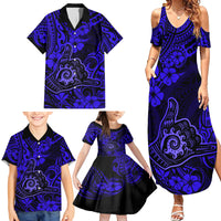 Hawaii Shaka Sign Family Matching Summer Maxi Dress and Hawaiian Shirt With Polynesian Hibiscus Navy Blue Unique - Wonder Print Shop