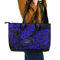 Hawaii Shaka Sign Leather Tote Bag With Polynesian Hibiscus Navy Blue Unique - Wonder Print Shop