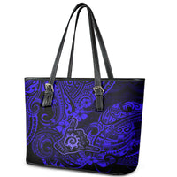 Hawaii Shaka Sign Leather Tote Bag With Polynesian Hibiscus Navy Blue Unique - Wonder Print Shop