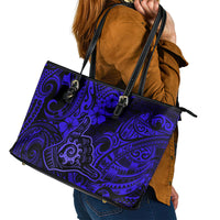 Hawaii Shaka Sign Leather Tote Bag With Polynesian Hibiscus Navy Blue Unique - Wonder Print Shop