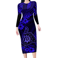 Hawaii Shaka Sign Long Sleeve Bodycon Dress With Polynesian Hibiscus Navy Blue Unique - Wonder Print Shop