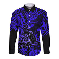 Hawaii Shaka Sign Long Sleeve Button Shirt With Polynesian Hibiscus Navy Blue Unique - Wonder Print Shop