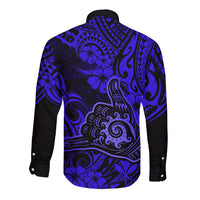 Hawaii Shaka Sign Long Sleeve Button Shirt With Polynesian Hibiscus Navy Blue Unique - Wonder Print Shop