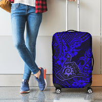 Hawaii Shaka Sign Luggage Cover With Polynesian Hibiscus Navy Blue Unique - Wonder Print Shop