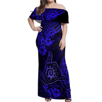 Hawaii Shaka Sign Off Shoulder Maxi Dress With Polynesian Hibiscus Navy Blue Unique - Wonder Print Shop